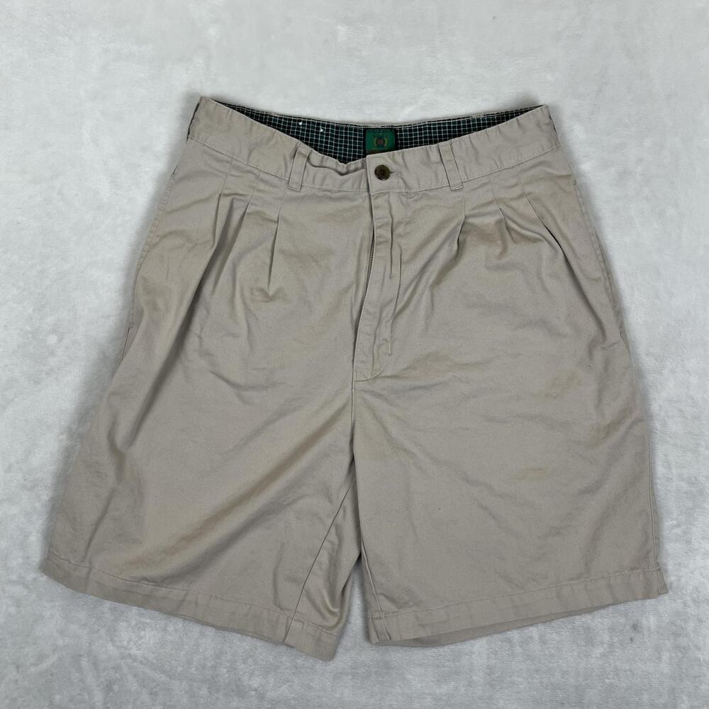 Vintage Bugle Boy Shorts Mens 30 Beige Pleated Chino Golf 8 Inseam Crest Logo